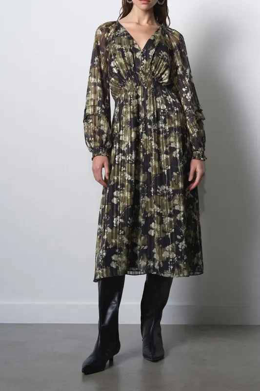 French Connection Lizzy Madeline Crepe Dress Madeline Green Multi Madeline Gre Maat: 16 | Midi Jurken Outlet | Dames | Bruin