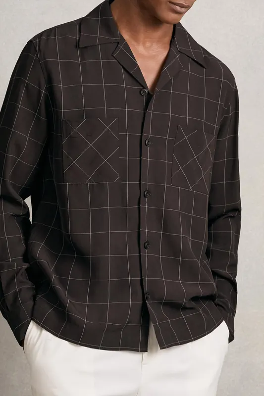 Reiss Ls Windowpane Cuban Shirt Dark Brown Maat: XL | Casual Overhemden Outlet | Heren | Bruin