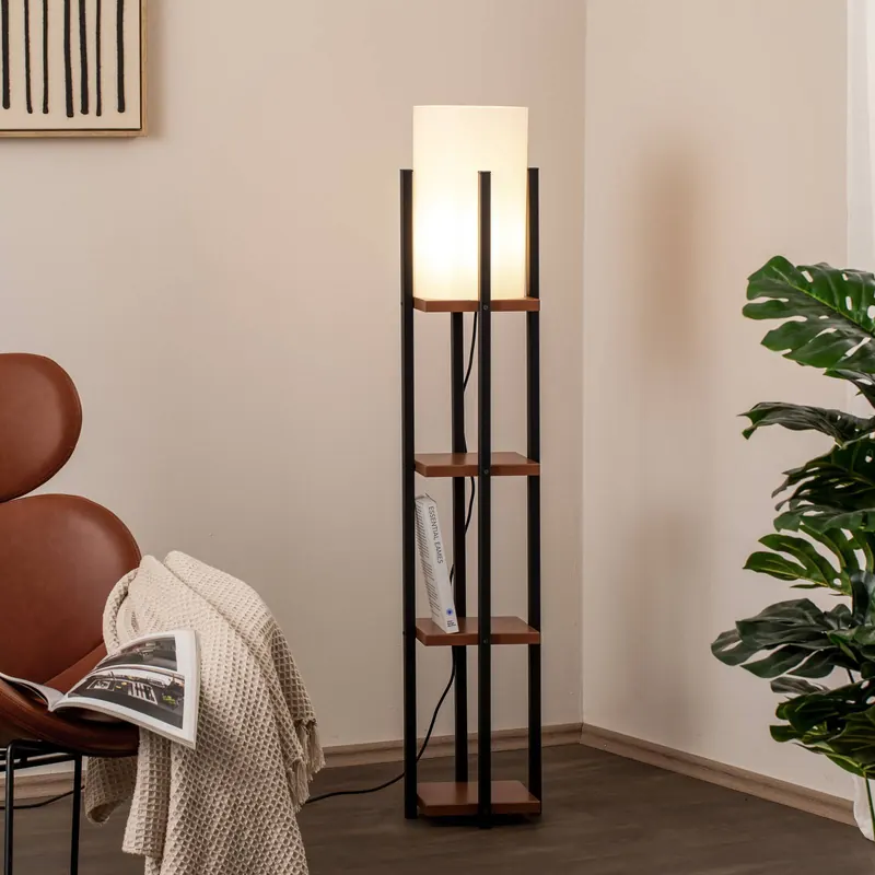 Lampa stojąca Shelf, czarna/miedziana, tkanina, wysokość 130 cm, E27
