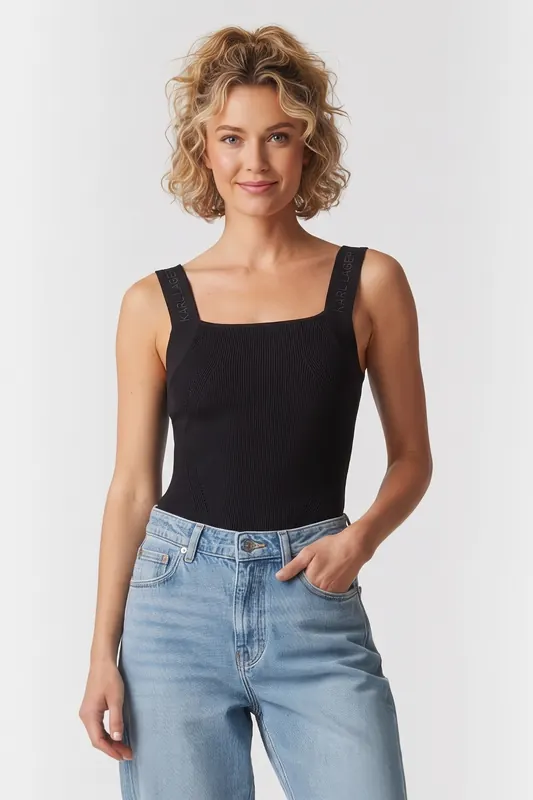 Karl Lagerfeld Logo Strap Knit Singlet Black Maat: S | Mouwloze Tops Outlet | Dames | Zwart