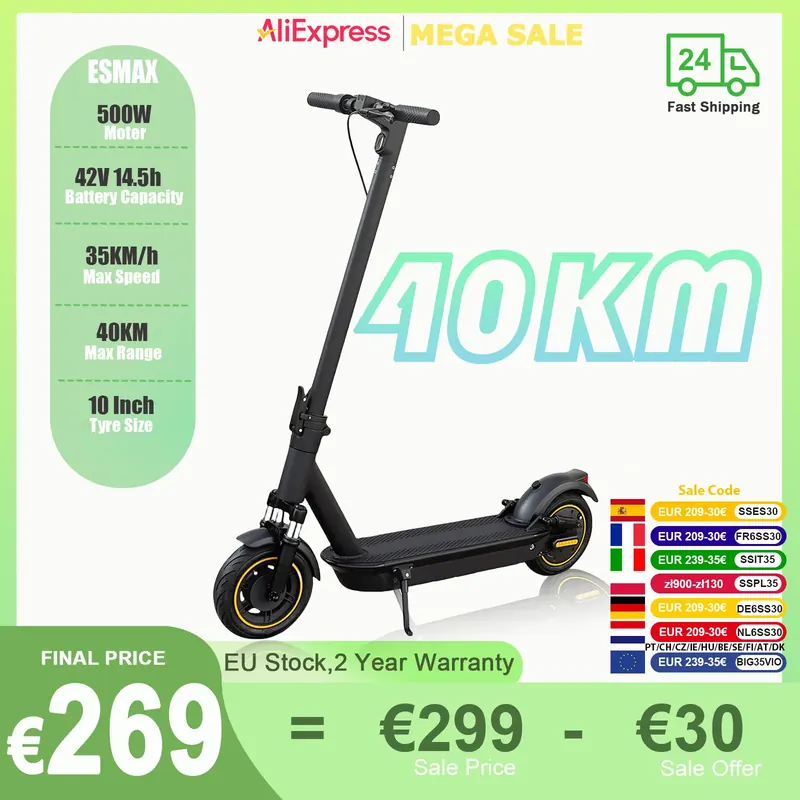 Hulajnoga Elektryczna JUICEASE ESMAX 500W 42V14.5Ah, Zasięg 40KM, 10-calowe Opony Pneumatyczne Odpornego na Przebicia, Składana, Inteligentna Hulajnoga Elektryczna dla Dorosłych