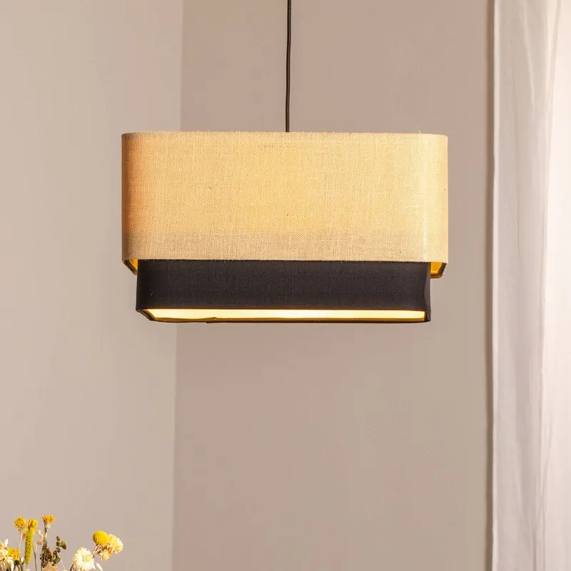 Lampa wisząca Kwadro Duo, czarny/beżowy, 50x50cm, juta/satyna
