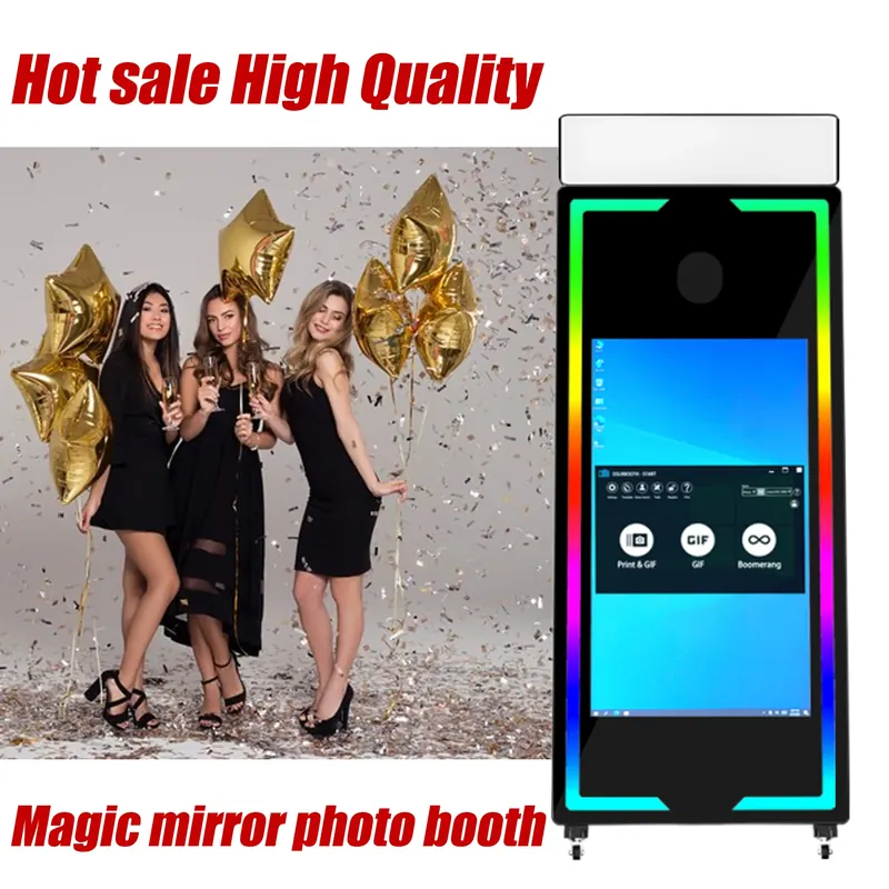 Przenośna magiczna fotobudka z wbudowanym mini PC, dotykowym ekranem i lustrem do aktywności na weselach i imprezach, z torbą do przenoszenia i oświetleniem RGB.