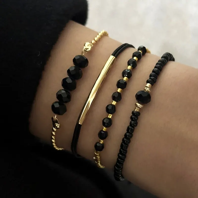 4 sztuk/zestaw moda czarne szklane bransoletki z kamienia dla kobiet Boho ręcznie robiona biżuteria akcesoria