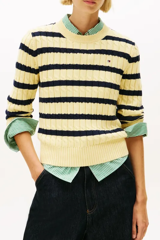 Tommy Hilfiger Cable Knit Crew Neck Jumper Zesty Yellow/dark Navy Maat: XS | Sweaters Outlet | Dames | Geel