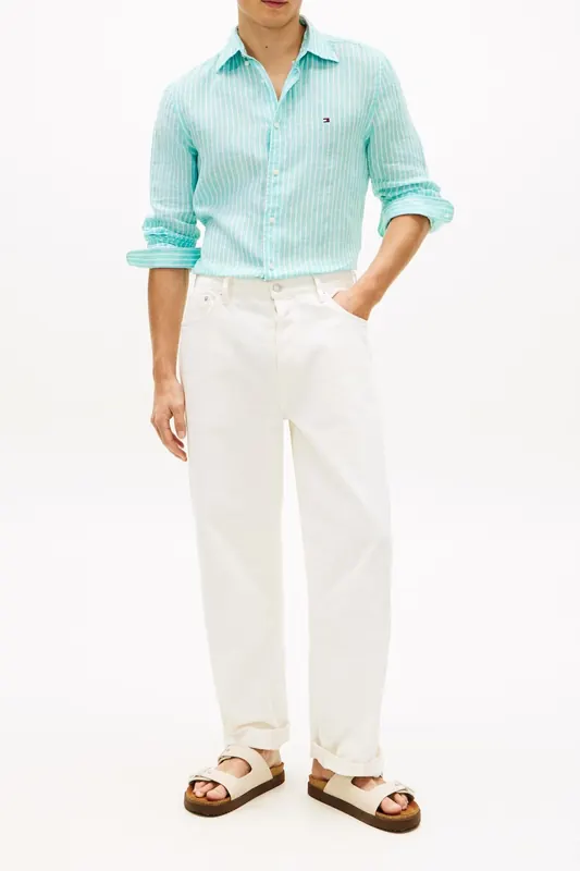 Tommy Hilfiger Linen Bengal Stripe Shirt Arctic Aqua/stripe Maat: M | Casual Overhemden Outlet | Heren | Groen