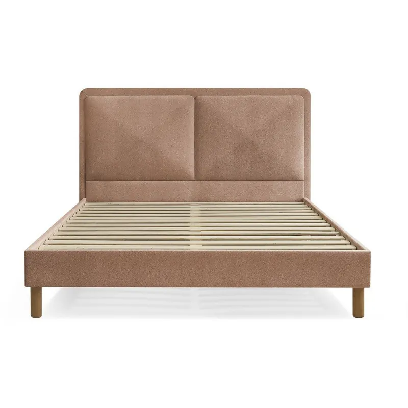 Szaroróżowe tapicerowane tapicerowane łóżko dwuosobowe ze stelażem 140x190 cm Mara – Bobochic Paris