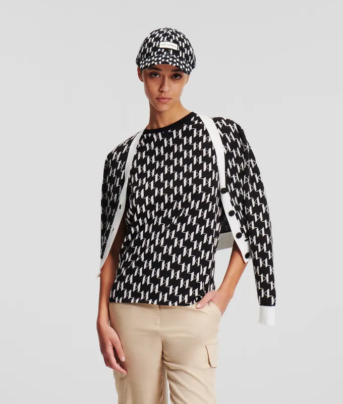 Karl Lagerfeld Kl Monogram Short Cardigan Kl Monogram Black/white Maat: S | Cardigans Outlet | Dames | Zwart