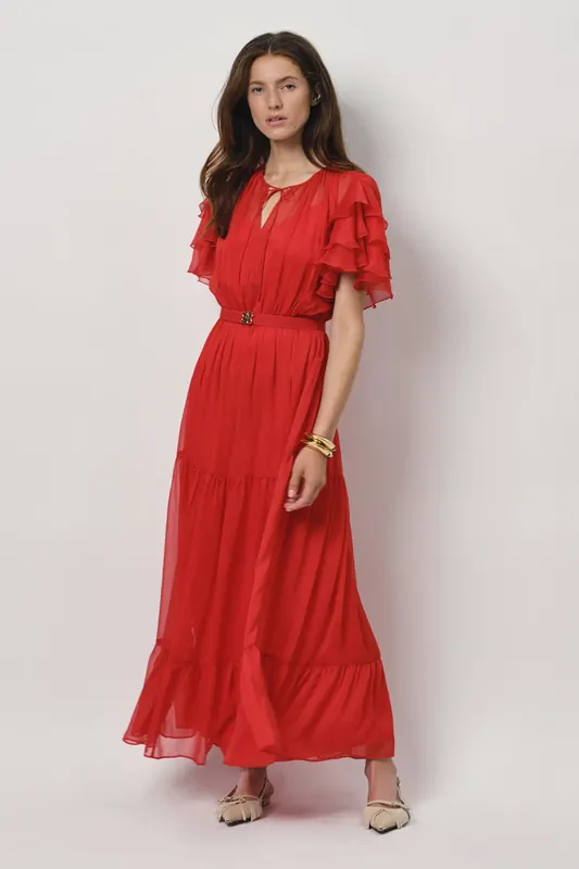 Dante6 Xevi Boho Maxi Chiffon Dress Flame Red Maat: 38 | Maxi Jurken Outlet | Dames | Rood