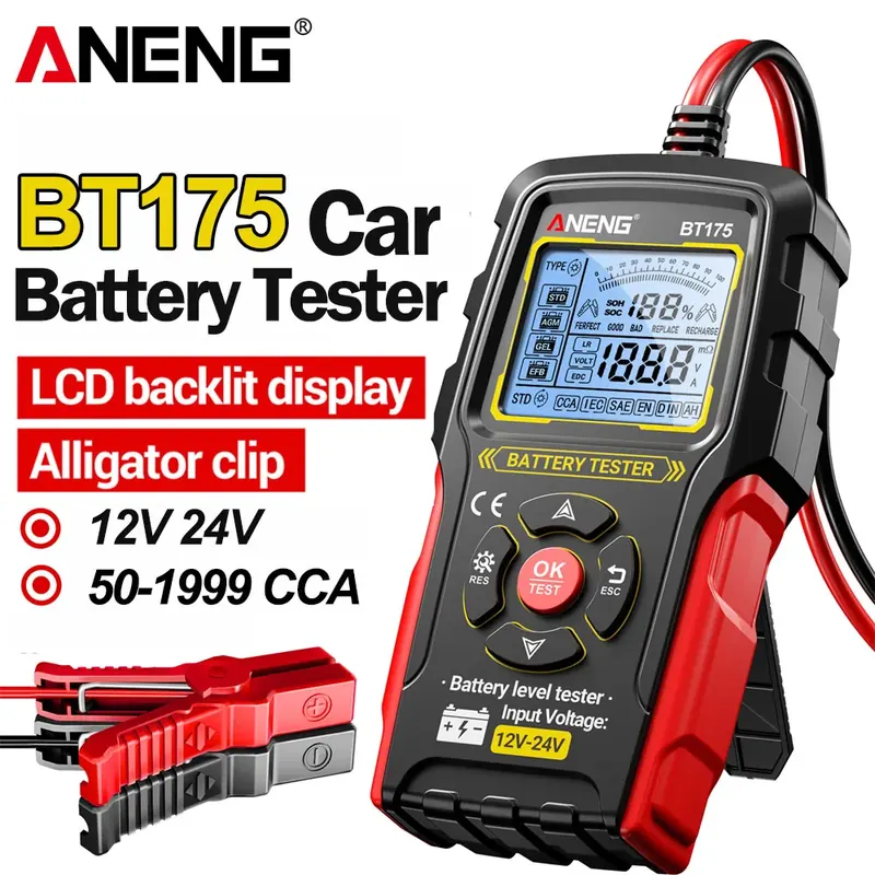 Tester akumulatorów samochodowych 12V 24V, cyfrowy tester obciążenia samochodowego 50-1999 CCA, analizator akumulatorów ANENG BT175 z izolowanymi krokodylkami.