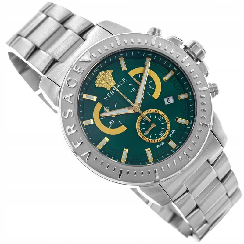 Męski Zegarek Versace VE2E00821 New Chrono Srebrny Na Bransolecie Datownik