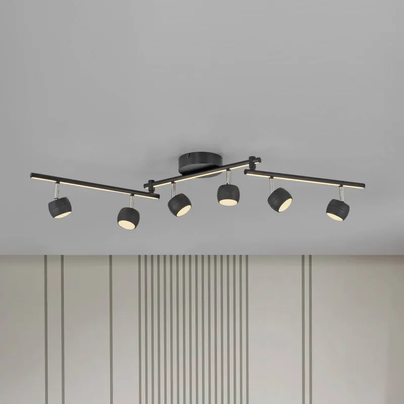 JUST LIGHT. Reflektor sufitowy LED Jarik, 6-punktowa, czarny, 3000 K