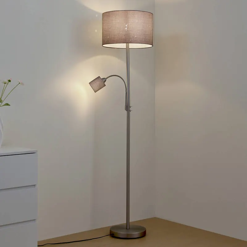 Lampa stojąca Lindby Jaileen, szara, z tkaniny, 171 cm, lampka do czytania