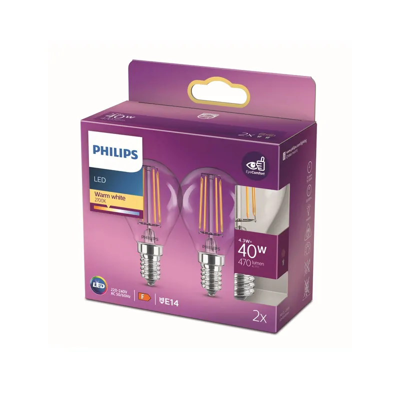 Philips żarówka LED E14 4,3W P45 2 700 K 2 szt.