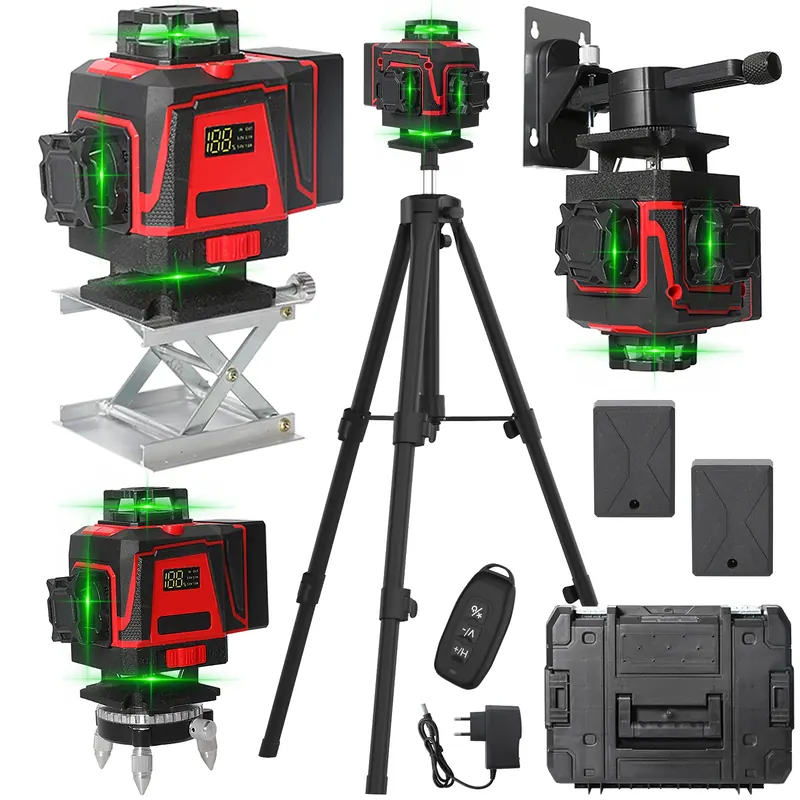 Poziomica laserowa 4D z 16 liniami, samopoziomująca, 360 stopni, pozioma i pionowa, z pilotem, super mocny zielony laser krzyżowy.