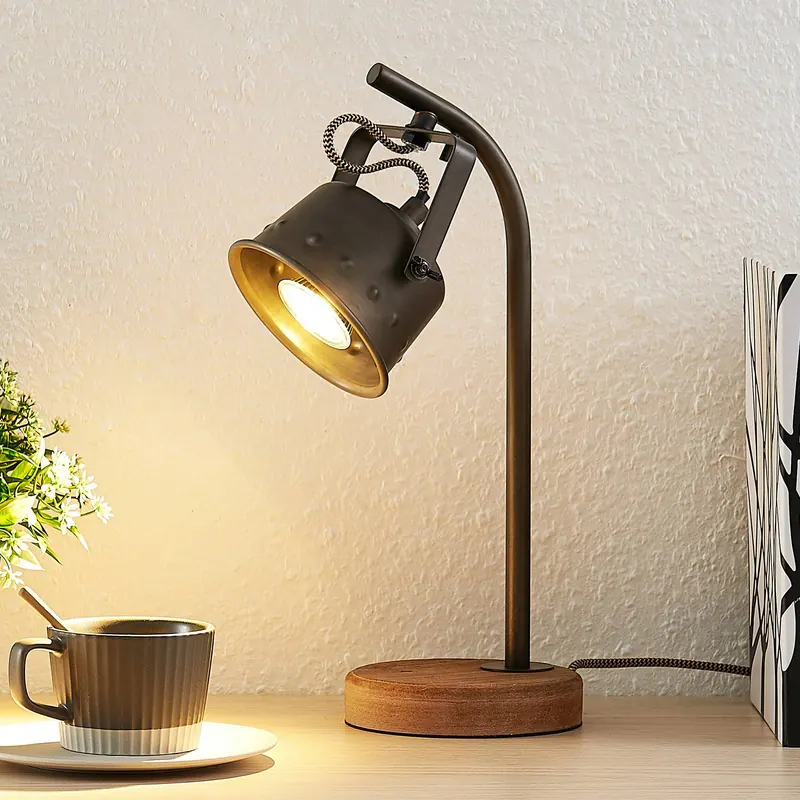 Lampa stołowa Lindby Rubinjo, 37cm, czarny, drewno, metal, GU10