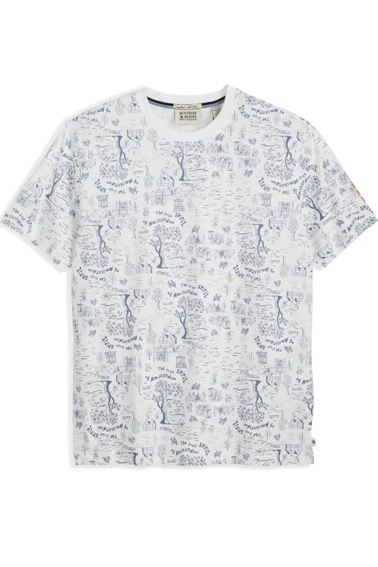 Scotch & Soda Graphic Tee Bright White Maat: L | T-shirts met Print Outlet | Heren | Blauw