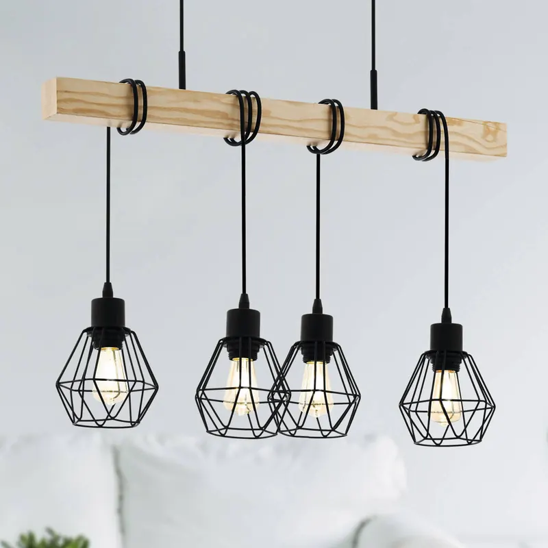 Lampa wisząca Townshend, długość 70 cm, czarny/dąb, 4-punktowa.