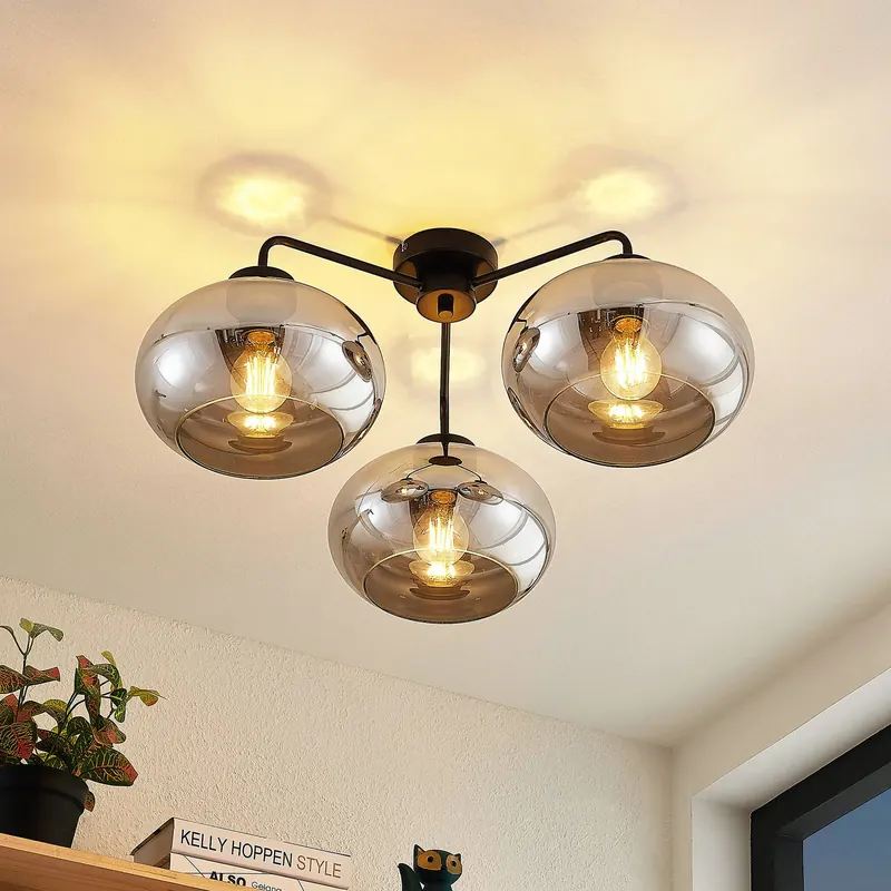 Lampa sufitowa Lindby Navidia, Ø 67 cm, czarna, przydymione szkło