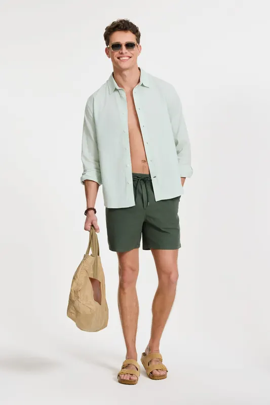 Shiwi Rick Linen Long Sleeve Shirt Solid Green Seafoam Maat: L | Casual Overhemden Outlet | Heren | Groen