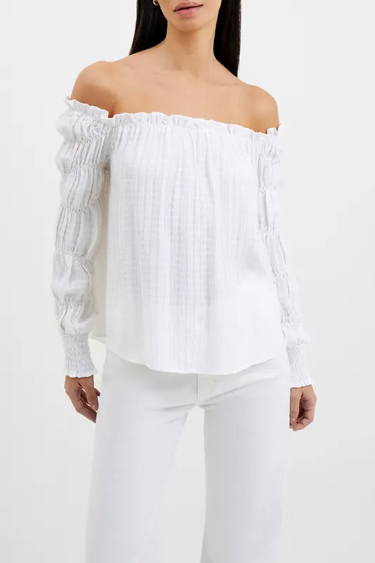 French Connection Birch Smock Sleeve Top Linen White Maat: L | Longsleeves Outlet | Dames | Wit