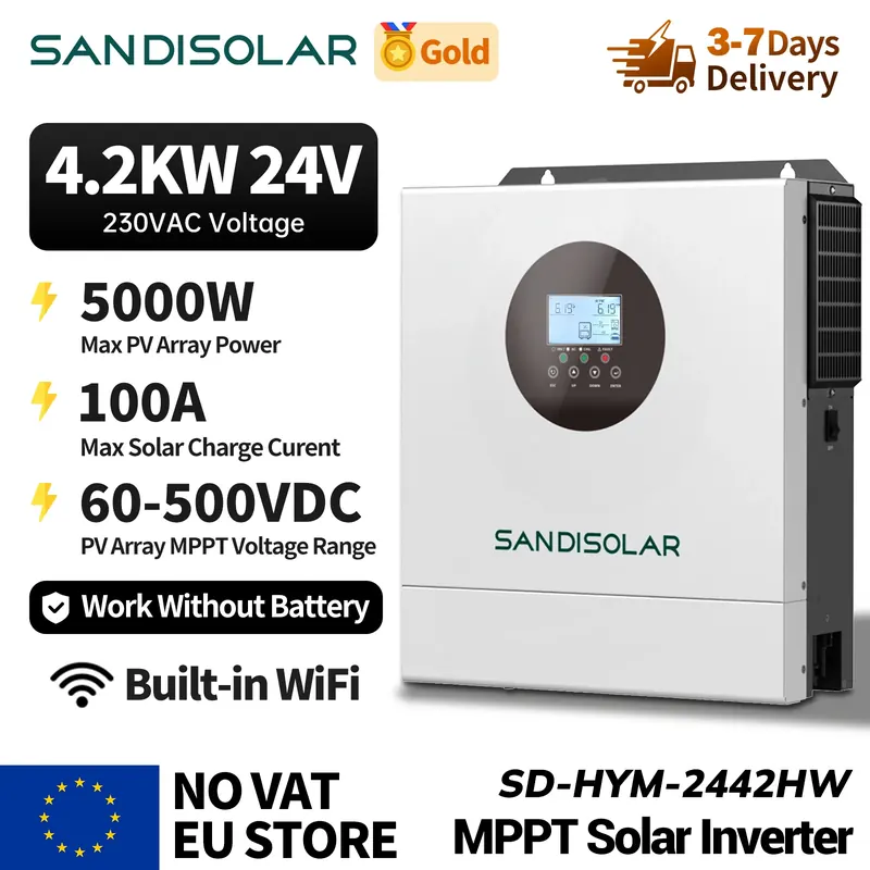 SANDISOLAR 4.2KW Hybrydowy Inwerter Solarny 24V 220V Off Grid Czysta Sinusoida MPPT 100A Ładowarka Solarna Wejście PV 500VDC