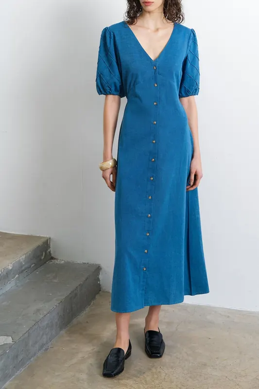 French Connection Zaves Chambray Puffslv Midi Dr Medium Bleach Wash Maat: 18 | Blousejurken Outlet | Dames | Blauw