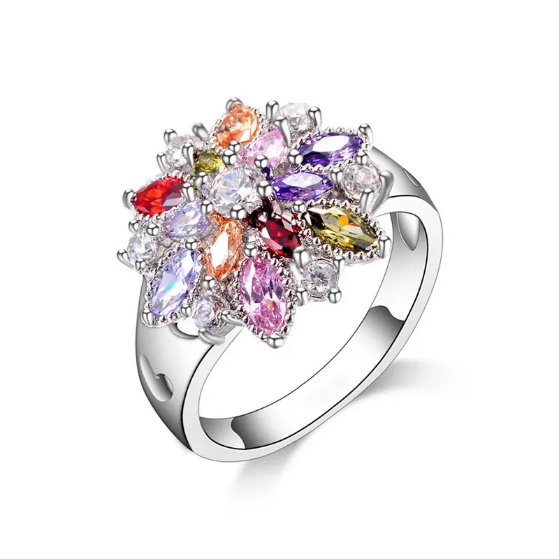 Pierścionek Moda 925 Sterling Silver Kolor Biżuteria Kolorowa cyrkonia Kwiatowy wzór Śliczny styl Kobiety Dziewczyny Impreza Zaręczyny