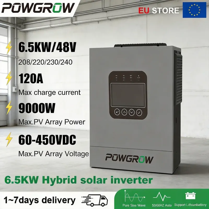 POWGROW 6.5KW Hybrydowy Inwerter Solarny Wyjście 48V z Kontrolerem Ładowania MPPT 120A Wbudowany WIFI Hybrydowy Inwerter Solarny z BMS