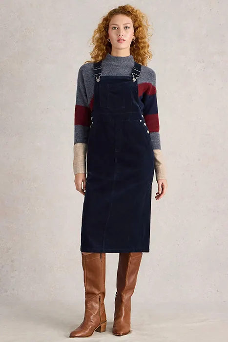 White Stuff Emmie Organic Cord Midi Pinny Dark Navy Maat: 6 PETITE | Midi Jurken Outlet | Dames | Blauw