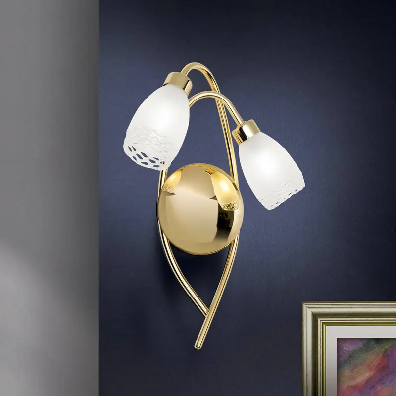 Lampa ścienna CARLA, kolor mosiężny, wys. 35 cm, metal/szkło 2-punktowa.