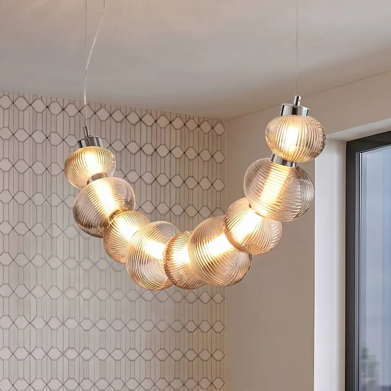 Żyrandol LED Bolla, chrom/szary dymny, szkło, długość 79,5 cm