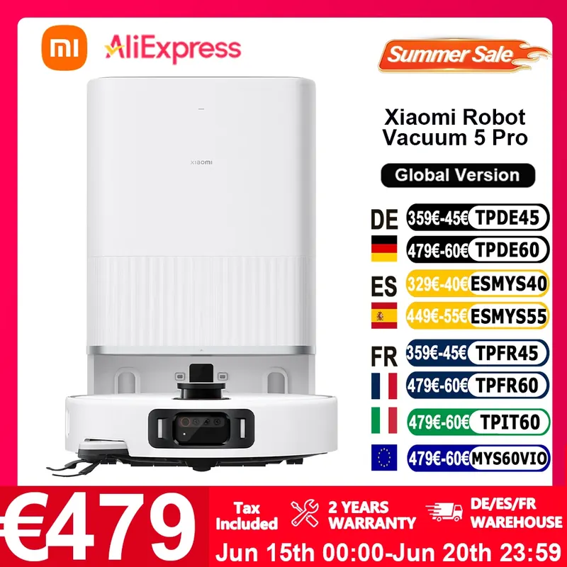 Globalna wersja Xiaomi Robot Vacuum 5 Pro 20000Pa Ssanie Bezproblemowe Odkurzanie Bez Plątania Włosów Samoczyszcząca Stacja Dokująca Rozszerzany Funkcja Mopowania i Szczotki Bocznej Wideo HD