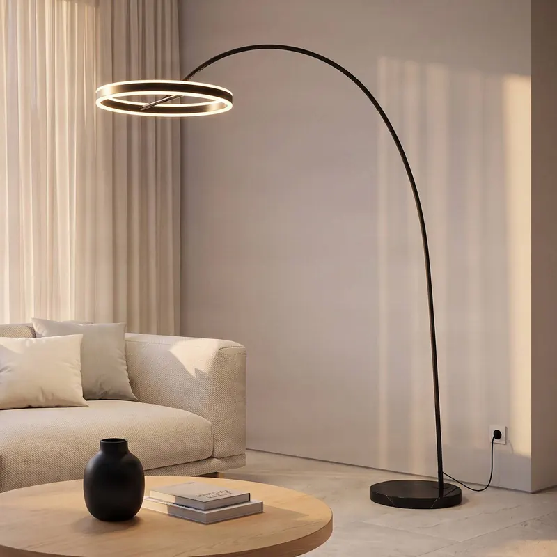 Lampa łukowa Lucande LED Yekta, czarna, 183 cm, ściemniana