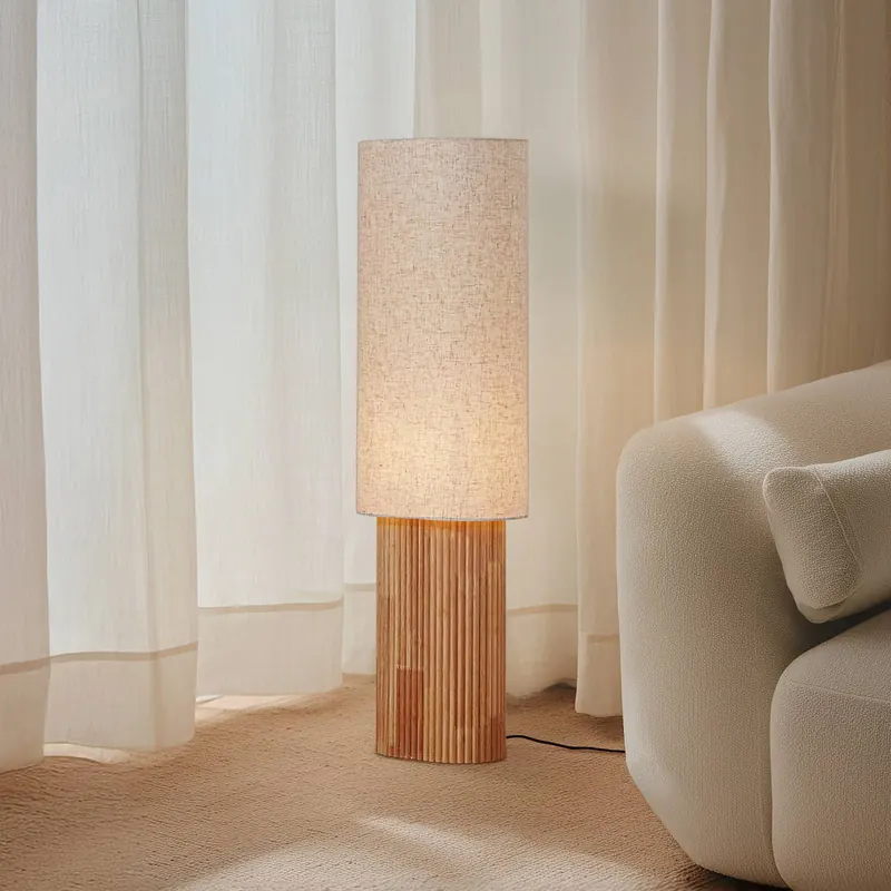 Lindby Lampa stojąca Kimiko, wysokość 100 cm, drewno, tkanina, E27