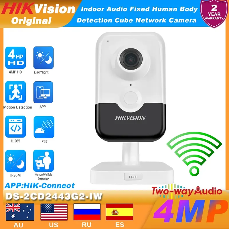 Kamera IP Hikvision DS-2CD2443G2-IW 4MP WIFI Cube POE AcuSense z funkcją wykrywania narušenia linii, dwukierunkowym audio, H.265+, IR i monitoringiem wideo CCTV