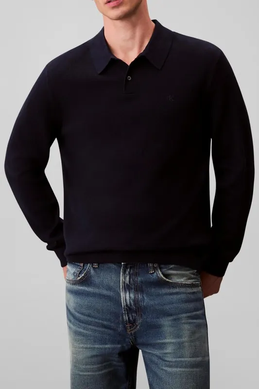 Calvin Klein Ls 100% Merino Polo Dark Sapphire Maat: S | Sweaters Outlet | Heren | Blauw