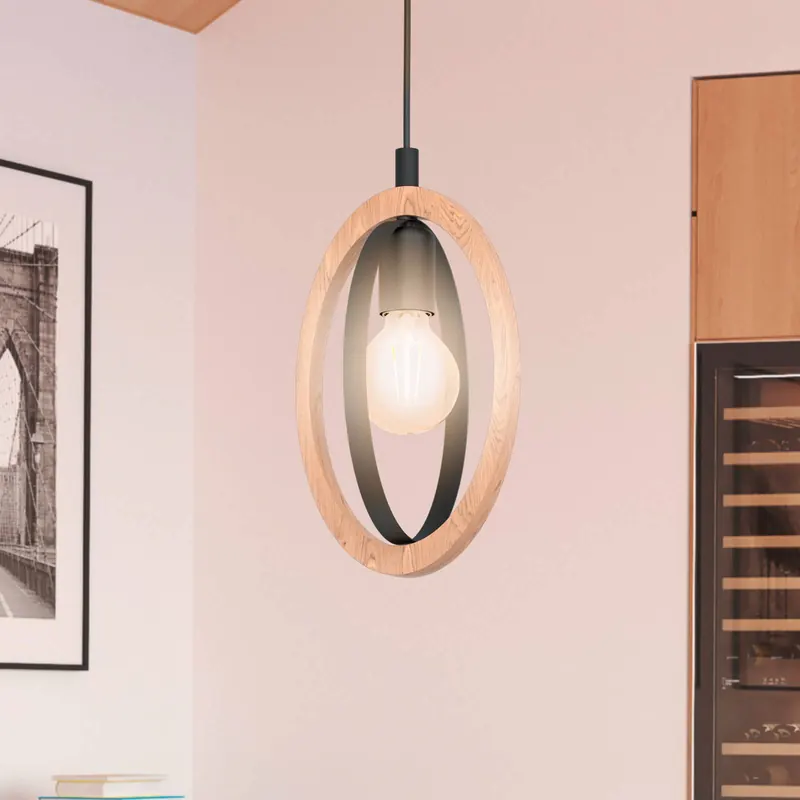 Lampa wisząca Basildon z drewna/stali, 1-punktowa