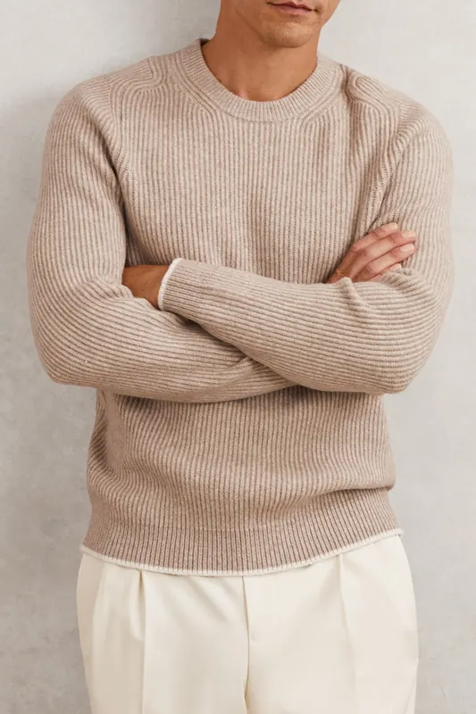 Reiss Ls Crew Brushed Wool Ribbed Jumper Oatmeal Brown Maat: XL | Sweaters Outlet | Heren | Beige