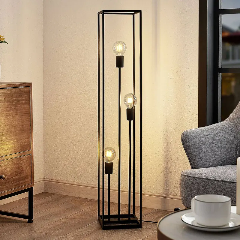 Lampa podłogowa Lindby Krisha, czarna, metal, 3-punktowa, E27