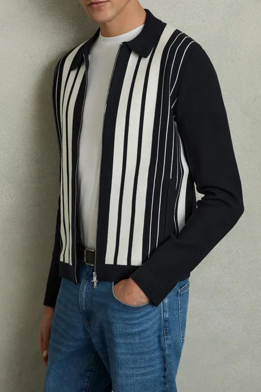 Reiss Ls Zip Through Stripe Knitted Jacket Navy/white Maat: M | Lichte Jassen Outlet | Heren | Blauw
