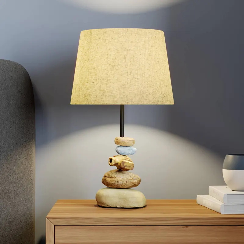 Lampa stołowa Vera, abażur z tkaniny i dekor kamienny, 38 cm