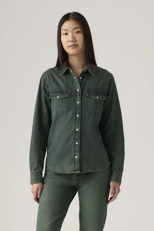 Levi's Essential Western Shirt Blue Maat: XL | Longsleeves Outlet | Dames | Blauw