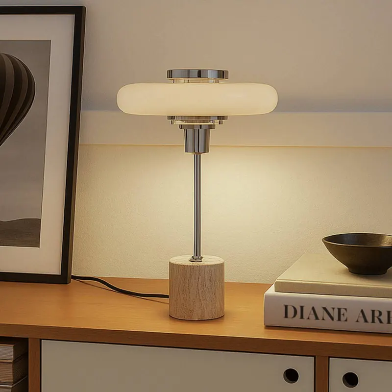 Lampa stołowa Lindby Branford, styl retro, beżowa, metal/trawertyn