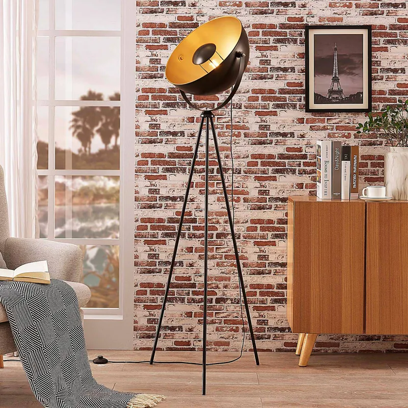 Lampa stojąca Lindby Meline, czarny/złoty, metal, statyw