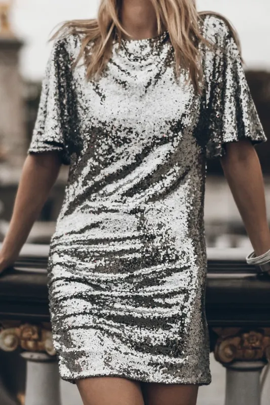 Mikuta The Dark Short Sequin Dress Dark Silver Maat: S | Mini Jurken Outlet | Dames | Zilver