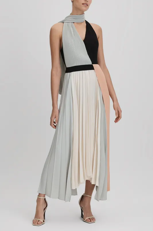 Reiss Colour Block Pleated Midi Dress Pink/cream Maat: 14 | Midi Jurken Outlet | Dames | Zwart