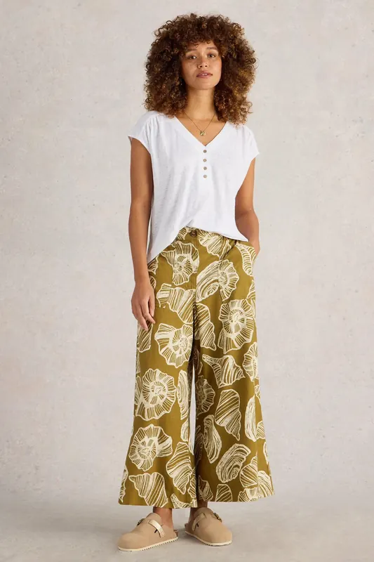 White Stuff Roxy Linen Blend Culotte Green Print Maat: 22 REGULAR | Wijde Broeken Outlet | Dames | Groen