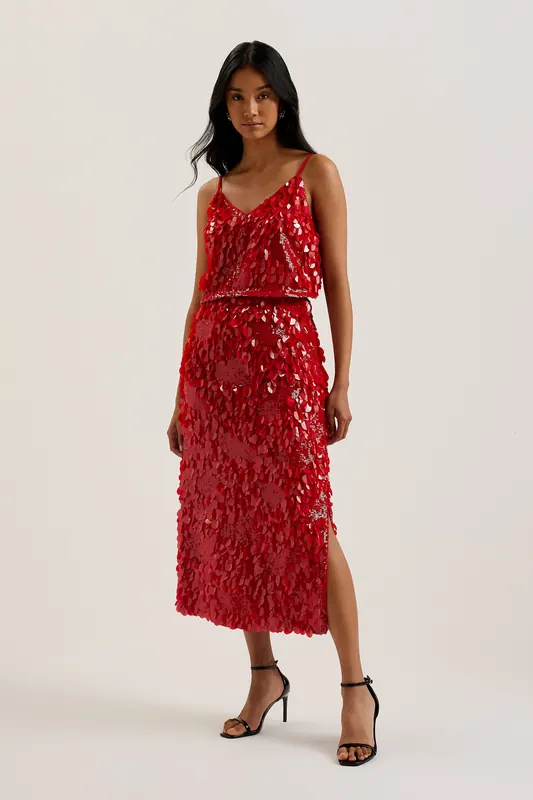 Ted Baker Wms Dorida Mixed Sequin Pencil Skirt Red Maat: 42 | Midi Rokken Outlet | Dames | Rood