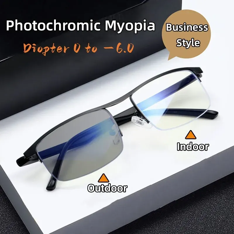 Vintage Business Half Frame Fotochromowe okulary dla krótkowzroczności Metalowe okulary do widzenia bliskiego Wykończone Minus Okulary Dioptrii 0 do -6,0